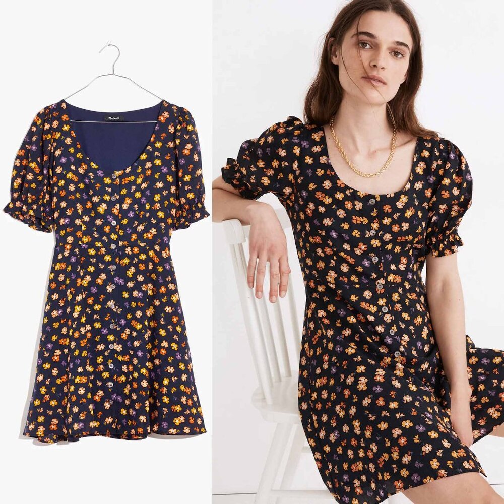 Madewell Smock-Sleeve Button-Front Mini Dress Happy Hibiscus Size 2 Floral $128